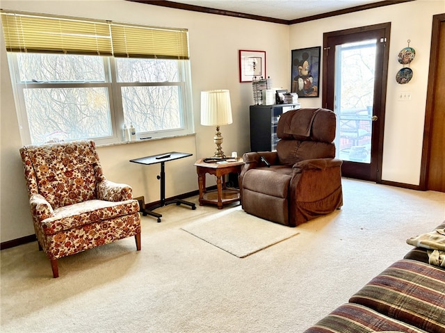 sitting room with ornamental molding, plenty of natural light, and carpet flooring