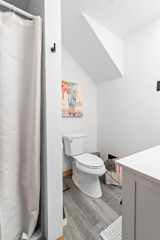 bathroom with lofted ceiling, wood-type flooring, toilet, and vanity