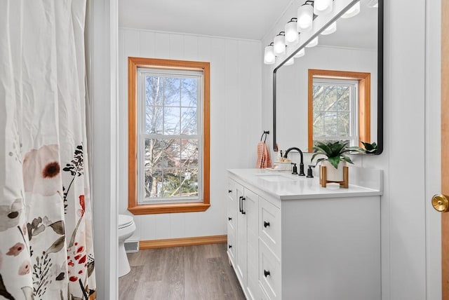 bathroom featuring vanity, hardwood / wood-style floors, and toilet