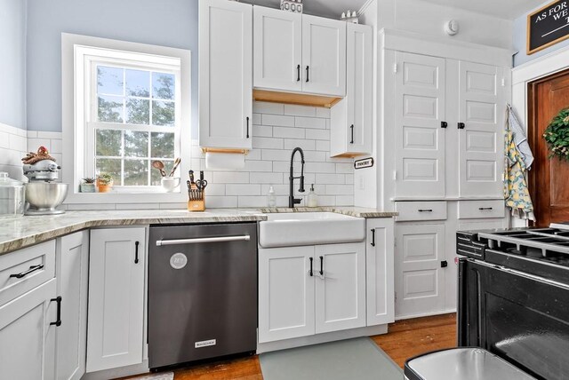 kitchen with white cabinetry, sink, light stone countertops, and dishwasher