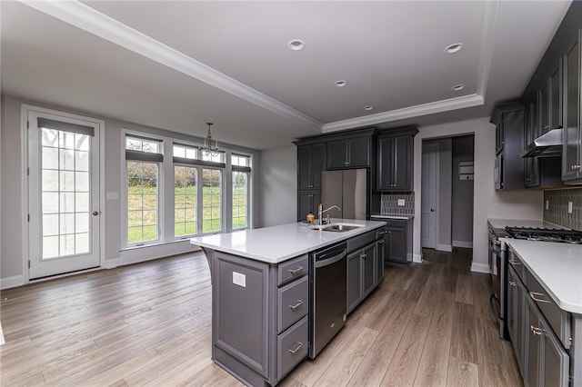 kitchen featuring a raised ceiling, appliances with stainless steel finishes, a center island with sink, and backsplash