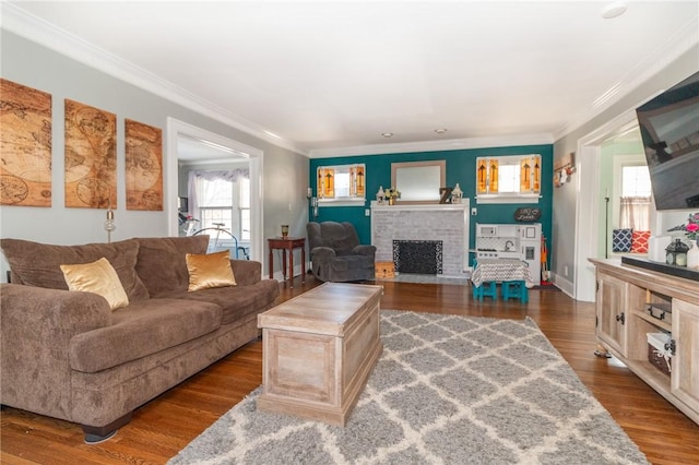 living room featuring a fireplace, dark wood-type flooring, and ornamental molding