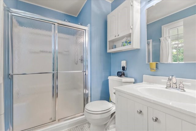 bathroom featuring vanity, a shower with door, and toilet