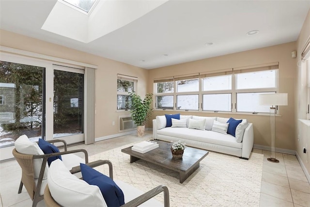 tiled living room featuring a healthy amount of sunlight and a skylight