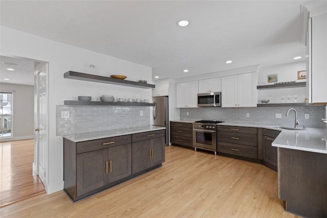 kitchen featuring sink, white cabinetry, dark brown cabinets, stainless steel appliances, and light hardwood / wood-style floors