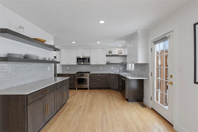 kitchen featuring white cabinetry, sink, dark brown cabinetry, light hardwood / wood-style floors, and stainless steel appliances