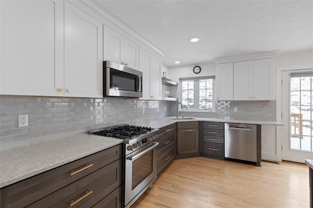 kitchen featuring appliances with stainless steel finishes, white cabinetry, sink, decorative backsplash, and light hardwood / wood-style floors