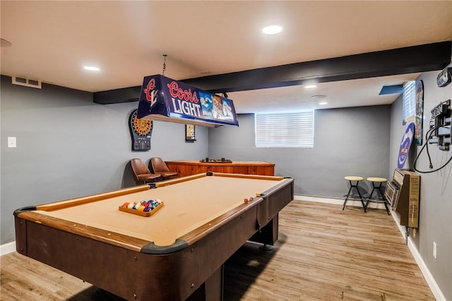 rec room featuring heating unit, hardwood / wood-style flooring, pool table, and beamed ceiling