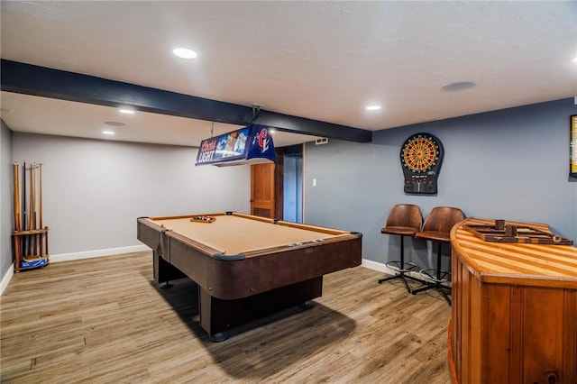 recreation room featuring beamed ceiling, pool table, and light hardwood / wood-style floors