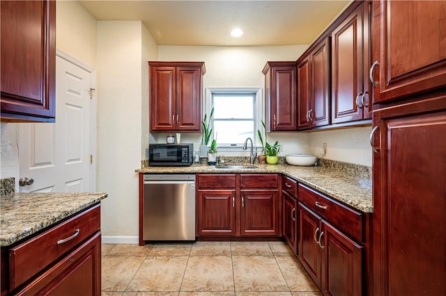 kitchen featuring sink, light tile patterned flooring, stainless steel dishwasher, and light stone countertops