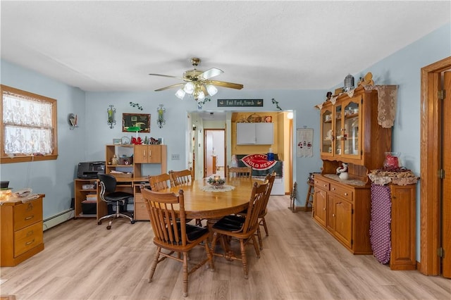 115 Mill Creek Rd, Mill Creek, PA 16145 - dining space featuring a baseboard radiator, light wood-type flooring, ceiling fan, and a desk