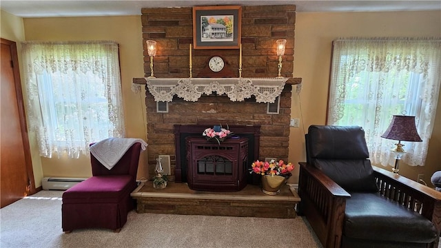 115 Mill Creek Rd, Mill Creek, PA 16145 - sitting room featuring a baseboard heating unit, plenty of natural light, carpet floors, and a stone fireplace