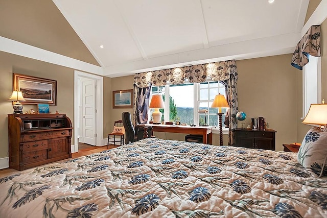 bedroom with high vaulted ceiling, baseboards, recessed lighting, and wood finished floors