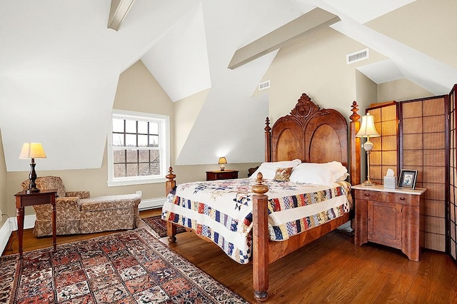 bedroom featuring vaulted ceiling, wood finished floors, and visible vents
