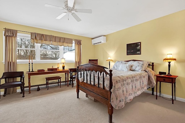 carpeted bedroom with a baseboard radiator, a wall mounted AC, and multiple windows