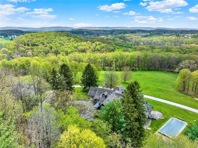 birds eye view of property featuring a view of trees
