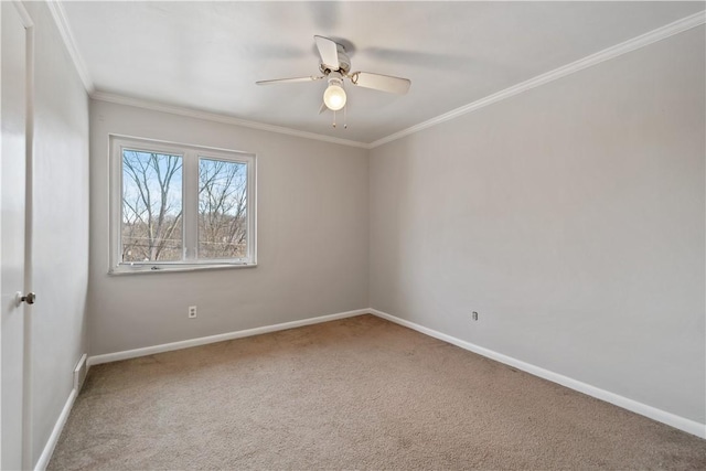 spare room featuring crown molding, ceiling fan, and carpet flooring