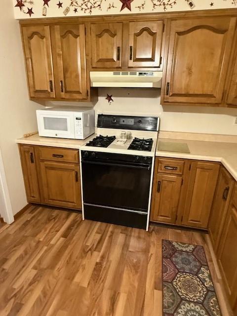 kitchen with gas range and hardwood / wood-style floors