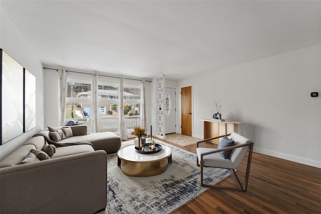 living room with dark hardwood / wood-style flooring