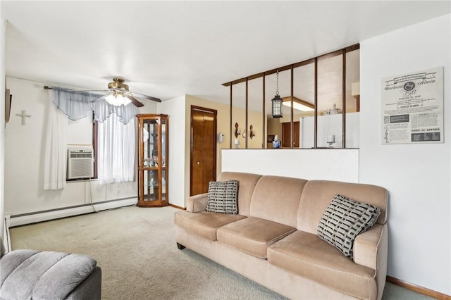 living room with a baseboard radiator, carpet floors, cooling unit, and ceiling fan