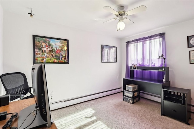 home office with a baseboard heating unit, light carpet, and ceiling fan