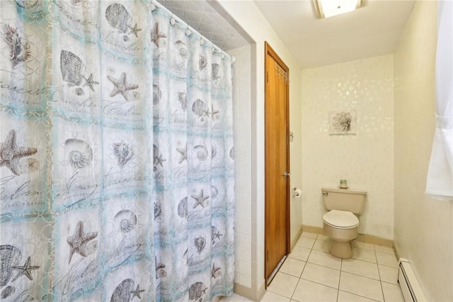 bathroom featuring a baseboard radiator, curtained shower, tile patterned floors, and toilet