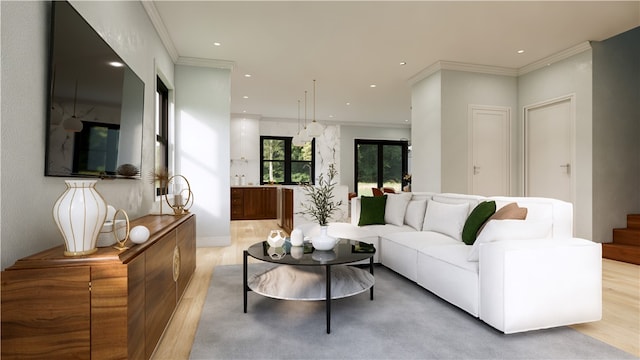 living room featuring ornamental molding and light hardwood / wood-style floors