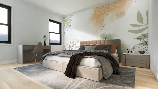 bedroom with ornamental molding and hardwood / wood-style floors