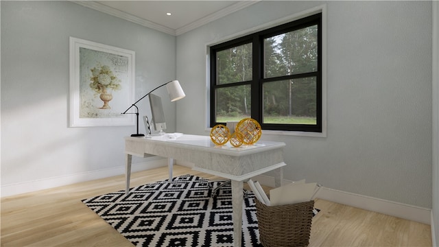 office with hardwood / wood-style flooring and ornamental molding