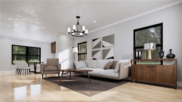 living room featuring ornamental molding, light hardwood / wood-style floors, and a chandelier