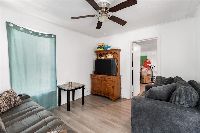 living room with ceiling fan and light hardwood / wood-style flooring