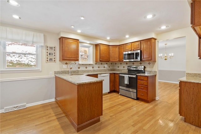 kitchen featuring sink, light hardwood / wood-style flooring, backsplash, stainless steel appliances, and kitchen peninsula