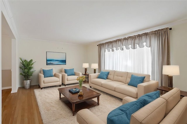 living room with crown molding and light wood-type flooring