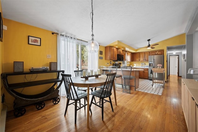 dining room featuring light hardwood / wood-style flooring, a textured ceiling, and vaulted ceiling