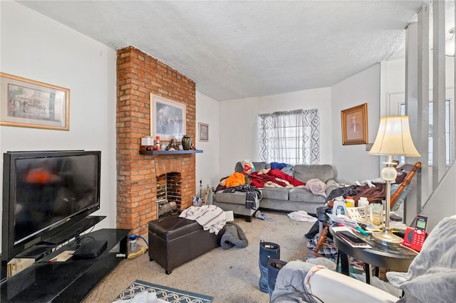 carpeted living room with a fireplace and a textured ceiling