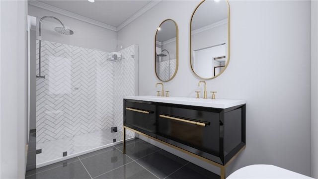 bathroom with crown molding, a tile shower, and vanity