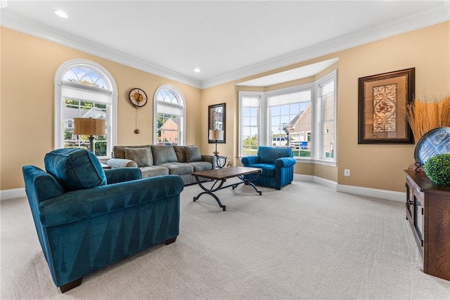 living room featuring crown molding and light carpet