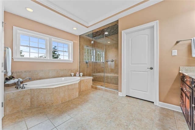 bathroom featuring vanity, tile patterned flooring, ornamental molding, and independent shower and bath