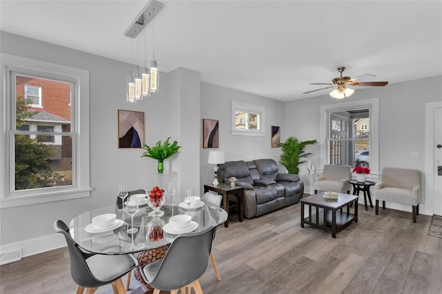 dining area featuring ceiling fan and wood-type flooring