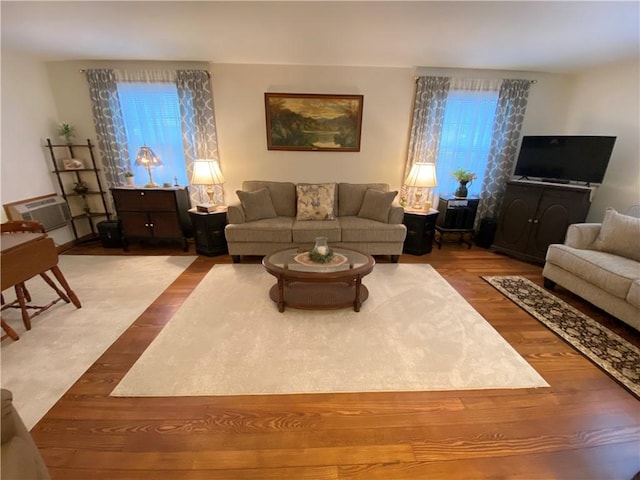 living room featuring wood-type flooring and a wall mounted AC