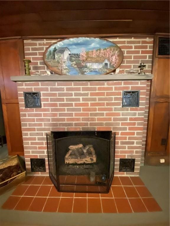 room details with a brick fireplace