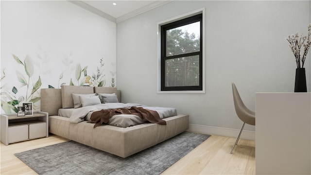 bedroom with crown molding and wood-type flooring