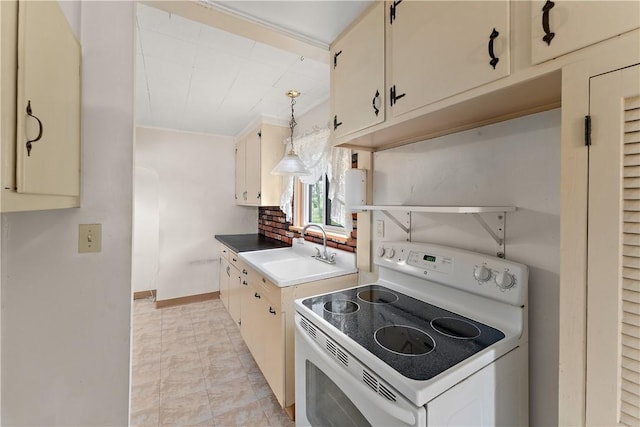 kitchen featuring light tile patterned flooring, pendant lighting, white range with electric stovetop, sink, and decorative backsplash