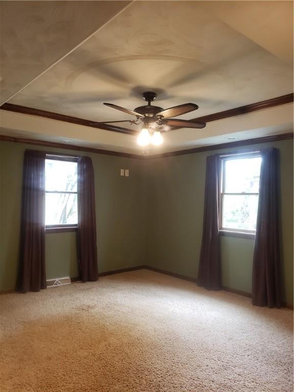 spare room with crown molding, light carpet, and a wealth of natural light