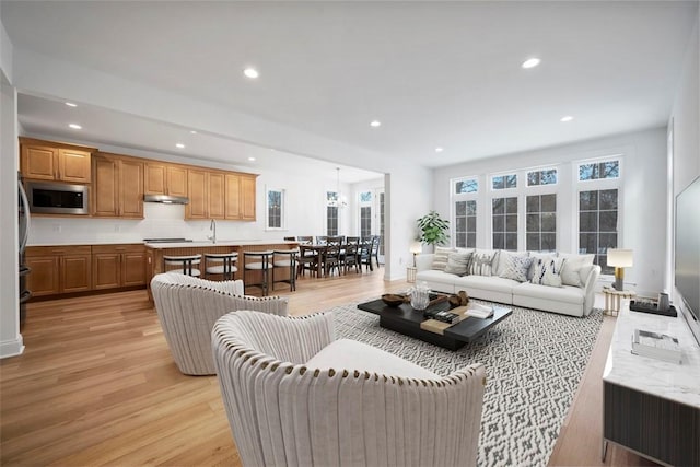 living room featuring sink and light wood-type flooring