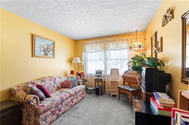 carpeted living room featuring a textured ceiling