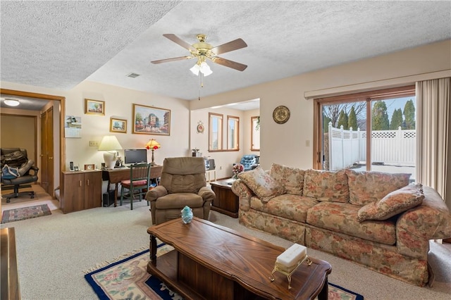 105 Lawrence Dr, Brighton Twp, PA 15009 - living area featuring a desk, carpet flooring, a textured ceiling, and ceiling fan