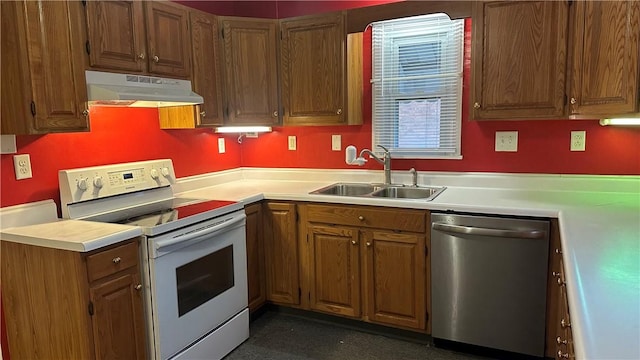 kitchen with white electric stove, dishwasher, and sink