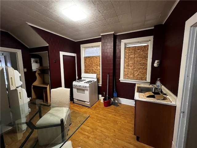 interior space with hardwood / wood-style flooring, lofted ceiling, crown molding, and sink