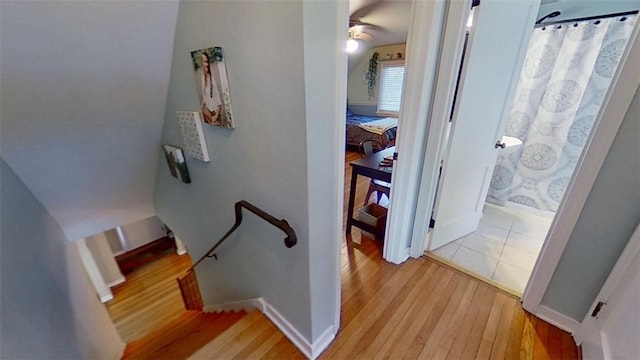 stairway featuring hardwood / wood-style flooring